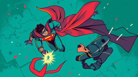 Immerse yourself in a rich, deep teal overhead bird's-eye view illustration depicting an epic battle between a powerful super