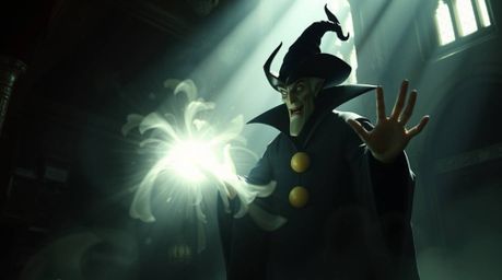 A classic Disney villain casts a powerful spell within the ancient walls of a crumbling castle. Bathed in stark, contrasting