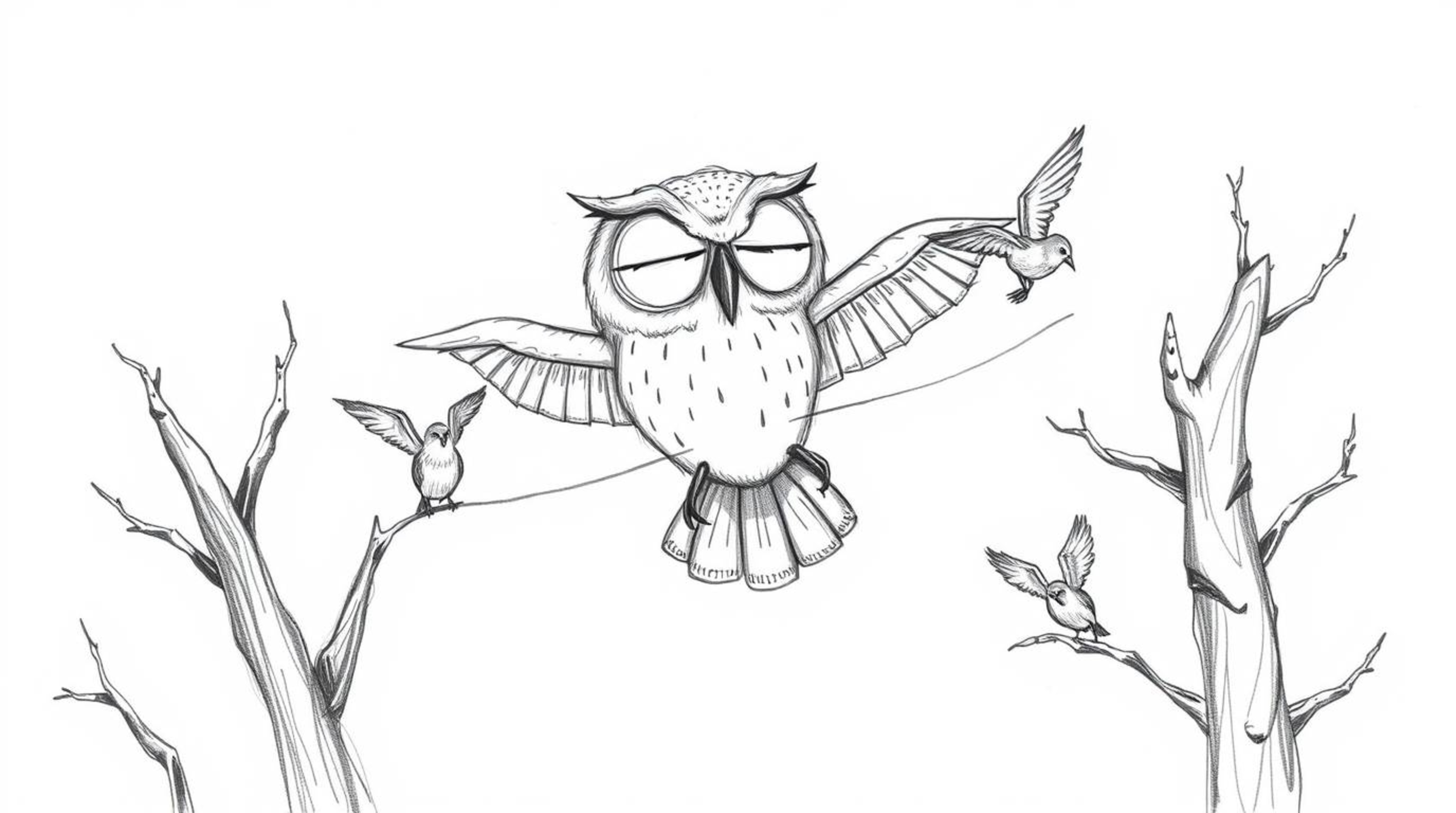 A charming Pixar-style hand-drawn sketch depicts a blind owl gracefully gliding between trees, guiding a flock of birds in fl