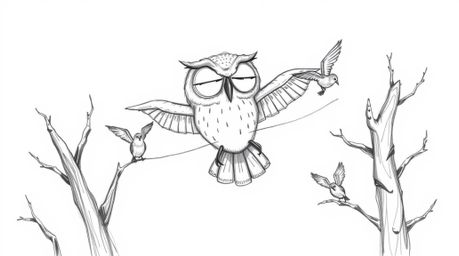A charming Pixar-style hand-drawn sketch depicts a blind owl gracefully gliding between trees, guiding a flock of birds in fl