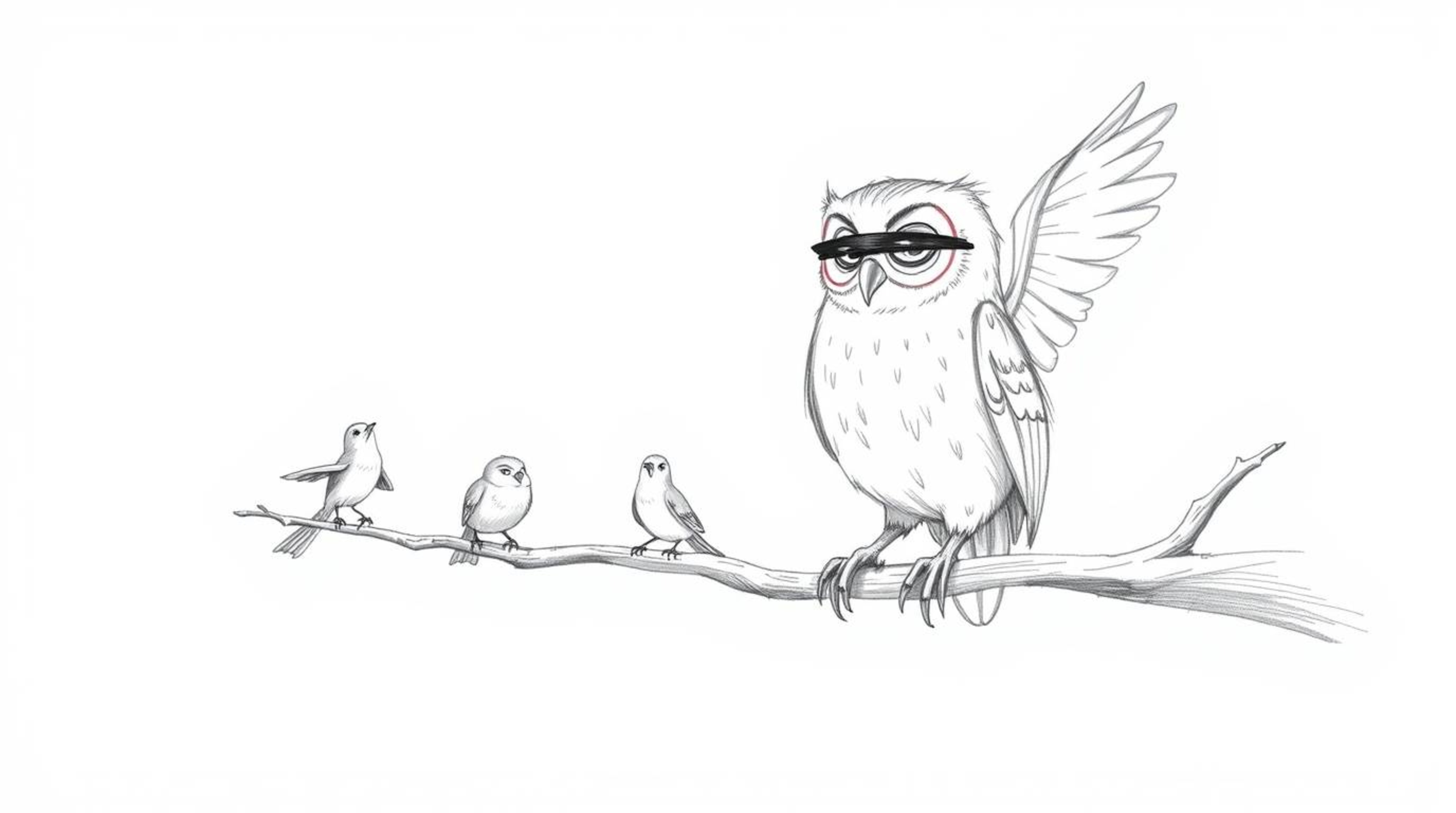 A heartwarming hand-drawn sketch in the style of Pixar depicts a blind owl with soft, textured feathers perched on a hollow b