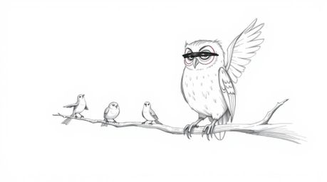 A heartwarming hand-drawn sketch in the style of Pixar depicts a blind owl with soft, textured feathers perched on a hollow b