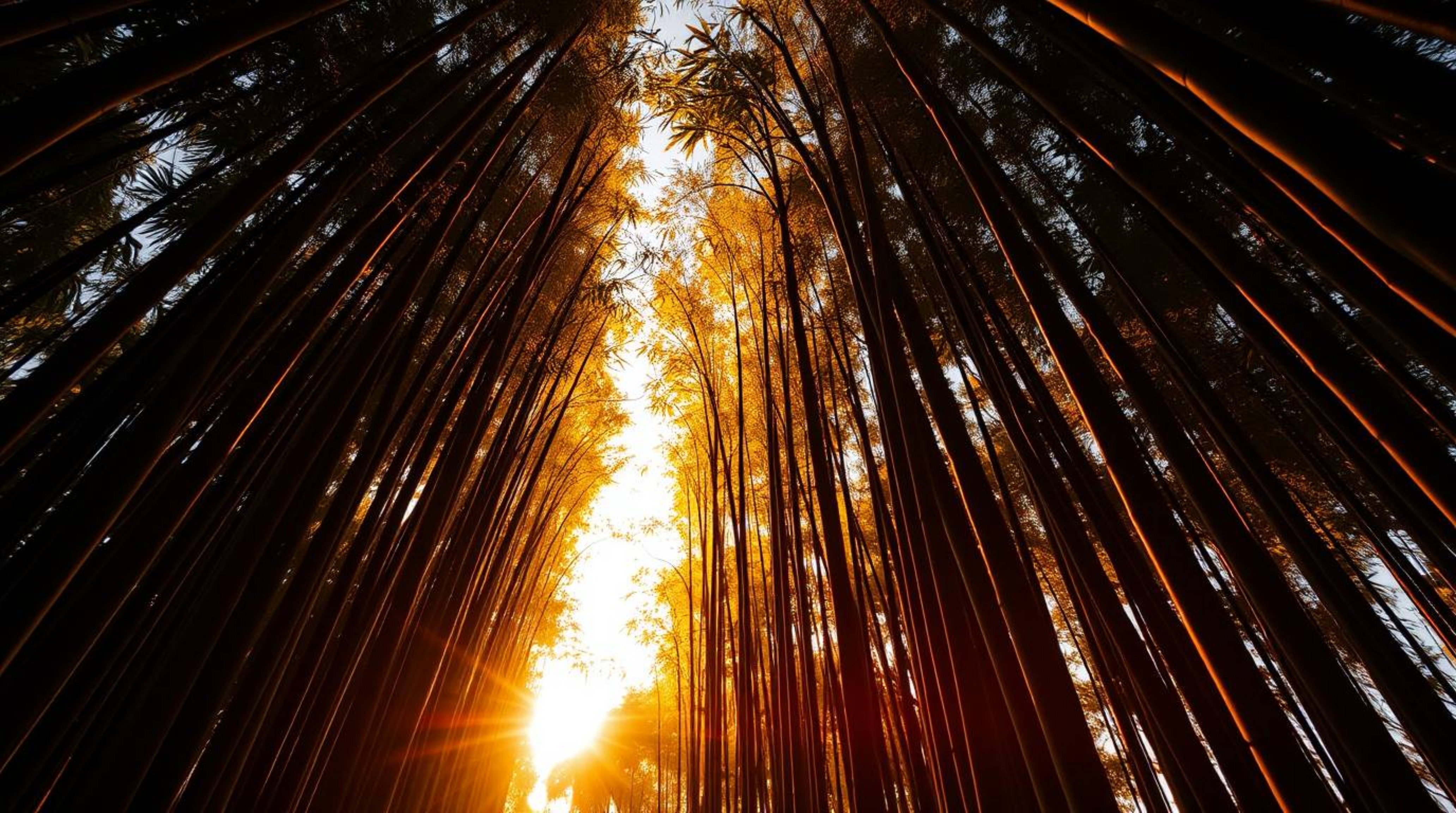 A captivating low-angle photograph captures a bamboo forest bathed in the warm glow of a setting sun. Intense, dramatic light