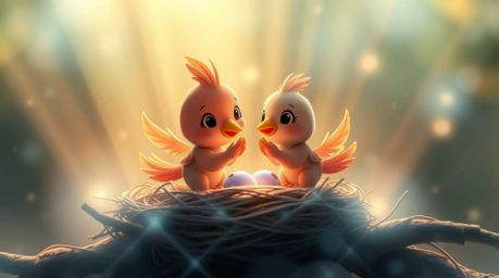 Witness the enchanting scene of two cartoon birds meticulously constructing their nest, rendered in a classic animation style
