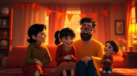 Experience a heartwarming Pixar-style family reunion scene, rendered in a palette of warm reds, oranges, and yellows to evoke
