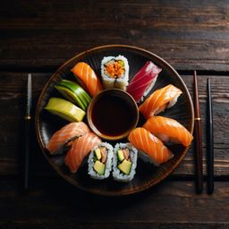 A beautifully arranged plate of sushi with an assortment of dipping sauces sits elegantly on a dark wooden table. This image 
