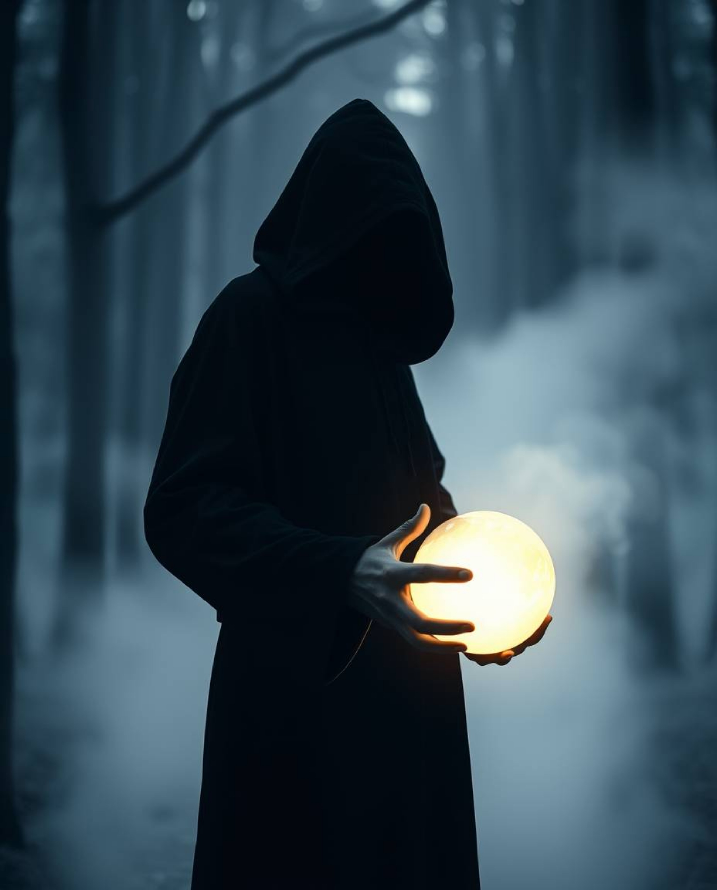 A cloaked figure stands in a misty forest, sharply focused as they hold a glowing orb. Strong backlighting creates dramatic s
