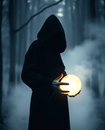 A cloaked figure stands in a misty forest, sharply focused as they hold a glowing orb. Strong backlighting creates dramatic s