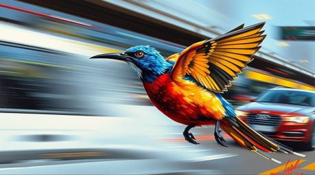 A bold acrylic painting captures a fast-running bird, a blur of vibrant colors and iridescent reflections, zooming past traff