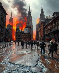 This cast bronze surface captures a city engulfed in flames, with people desperately fleeing in all directions.  Rendered in 
