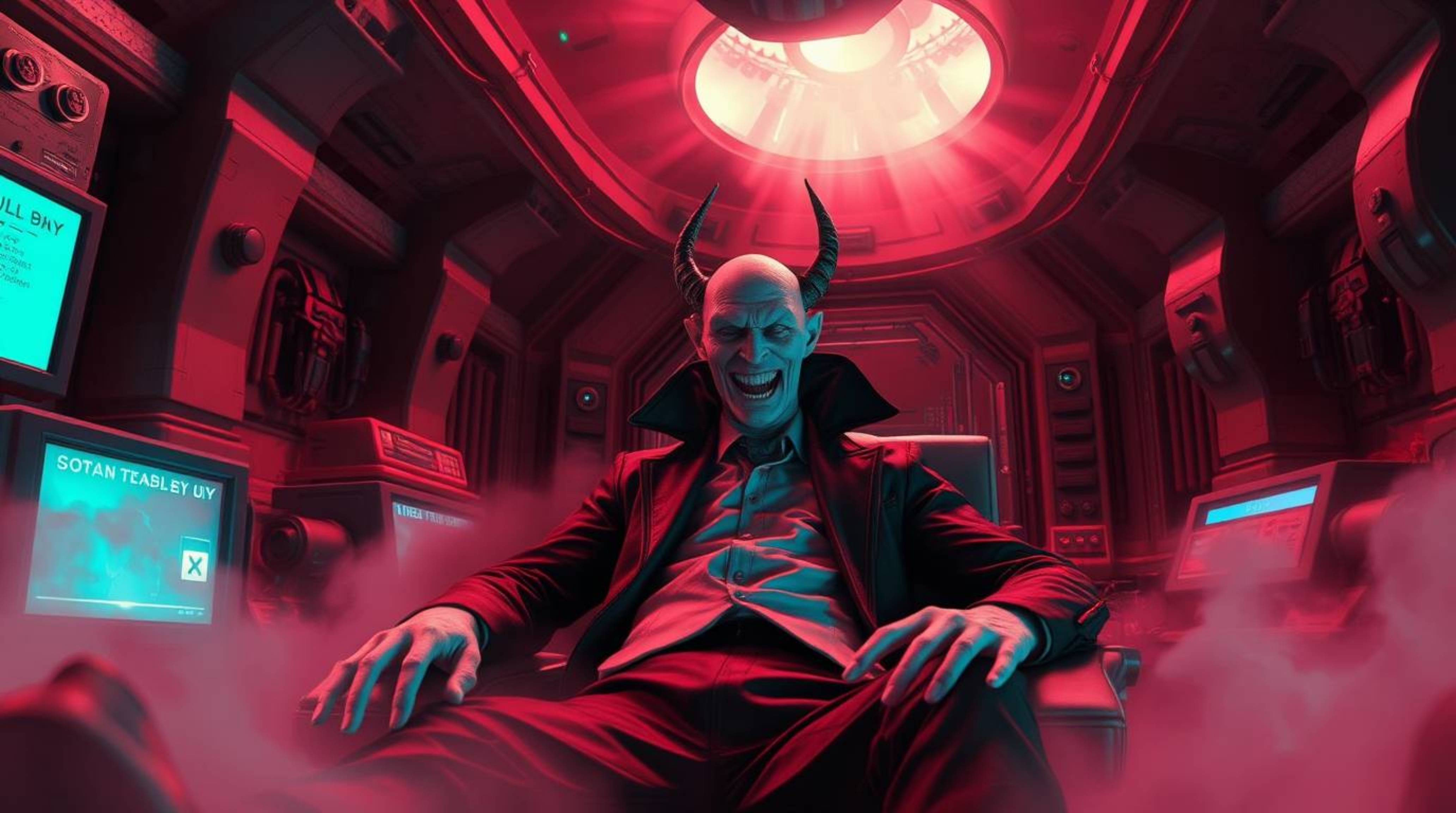 A surreal, infrared-toned image depicting a villain's humorous breakdown in a high-tech lair evokes a mystic and enchanting a