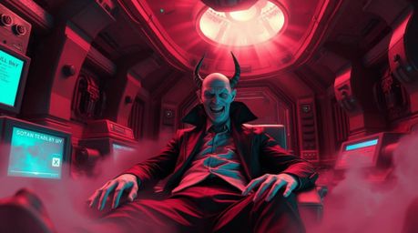 A surreal, infrared-toned image depicting a villain's humorous breakdown in a high-tech lair evokes a mystic and enchanting a