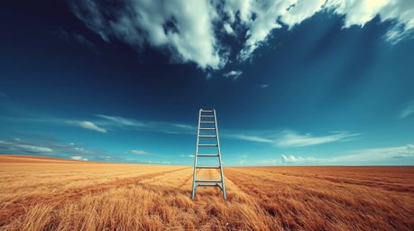 A captivating minimalist image depicts a silver ladder ascending towards a dramatic, wide cloudy sky in an open field.  The l