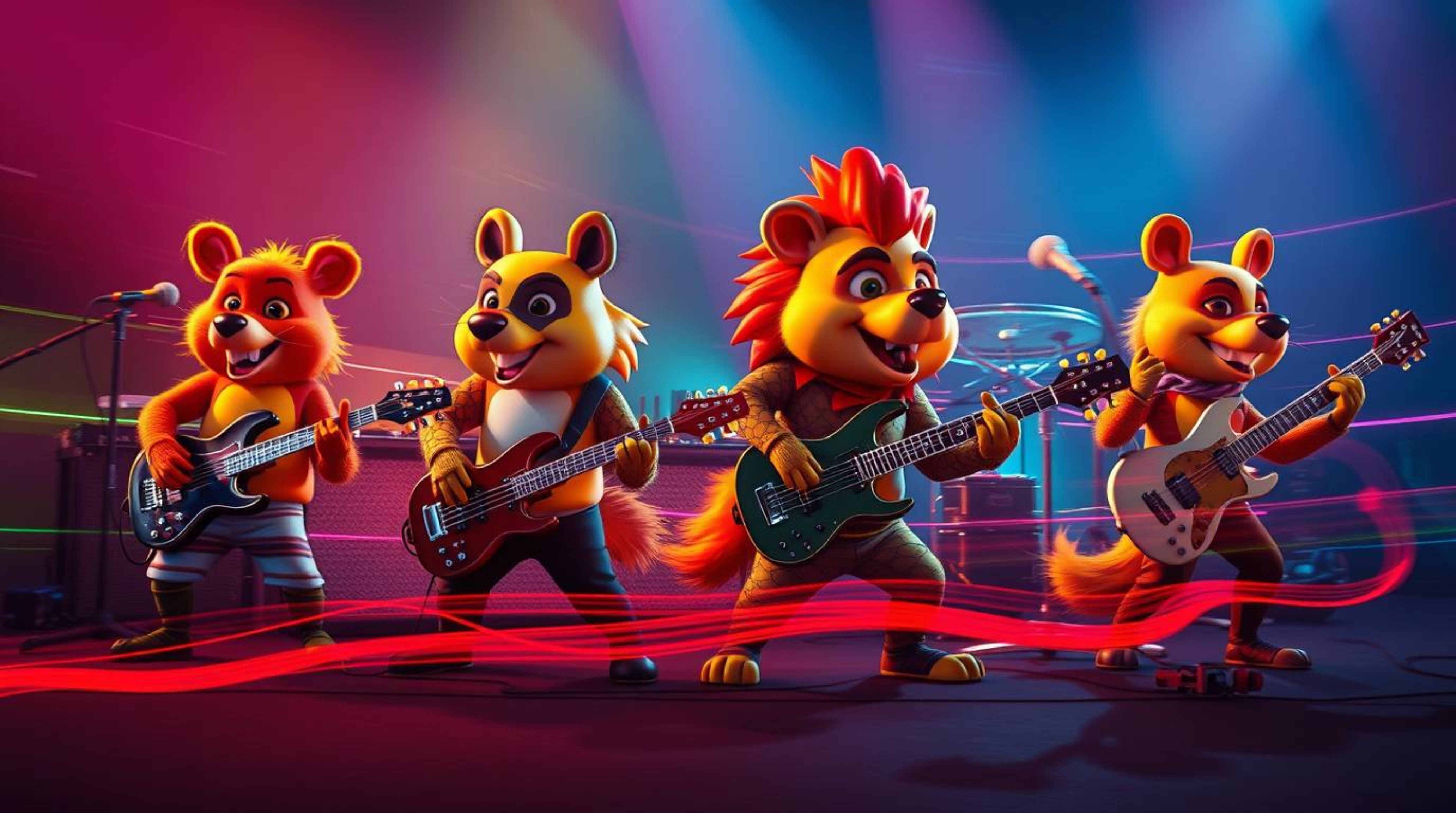 Immerse yourself in a vibrant world where a cartoon animal band unleashes electrifying rock music. This long exposure photogr