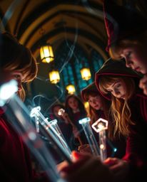Explore a magical school filled with young wizards in stunning detail through an extreme macro close-up. Creative light art h