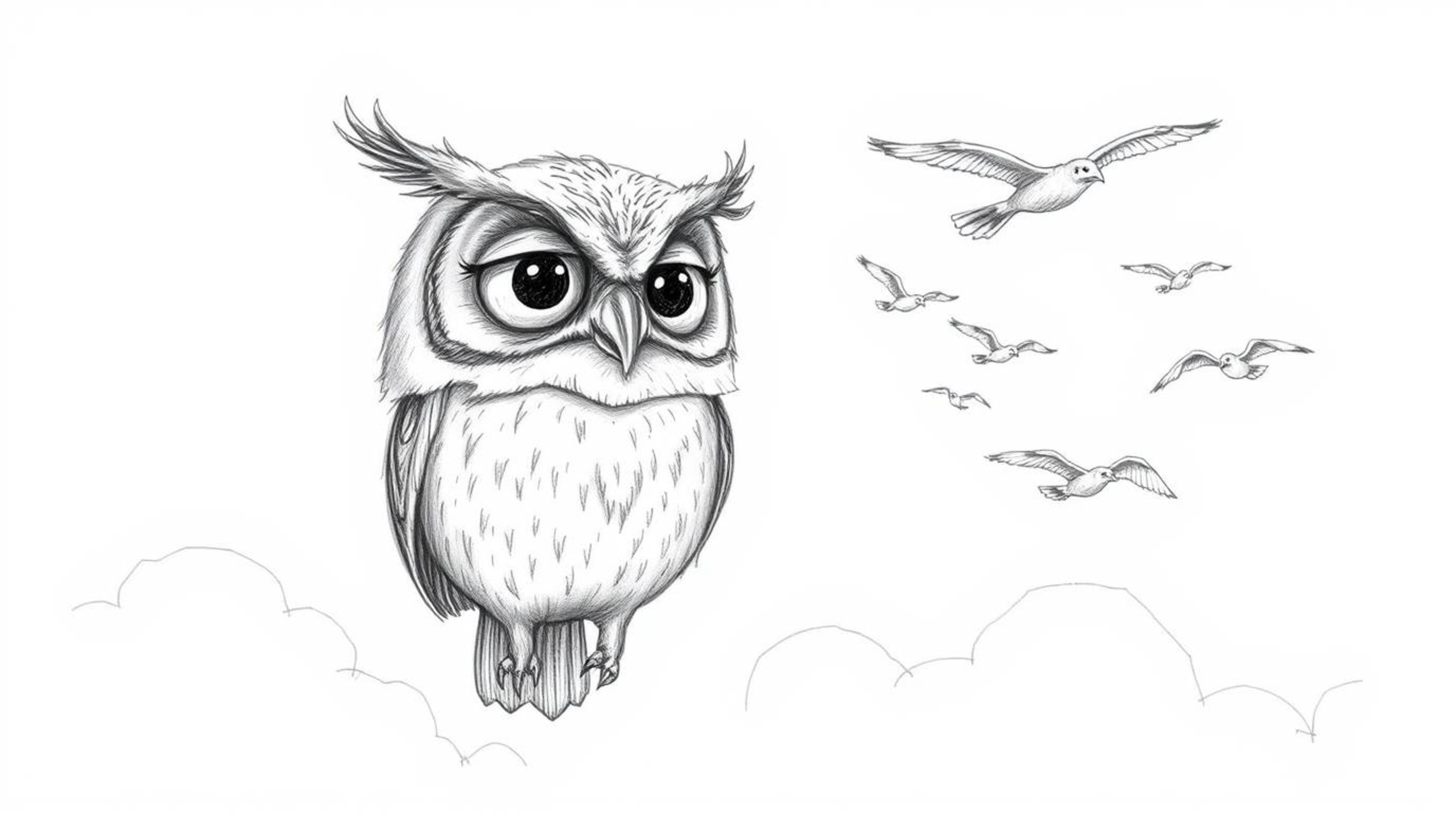 This captivating artwork showcases a hand-drawn, textured pencil sketch in the style of Pixar, featuring a blind owl with lar