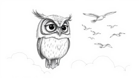 This captivating artwork showcases a hand-drawn, textured pencil sketch in the style of Pixar, featuring a blind owl with lar