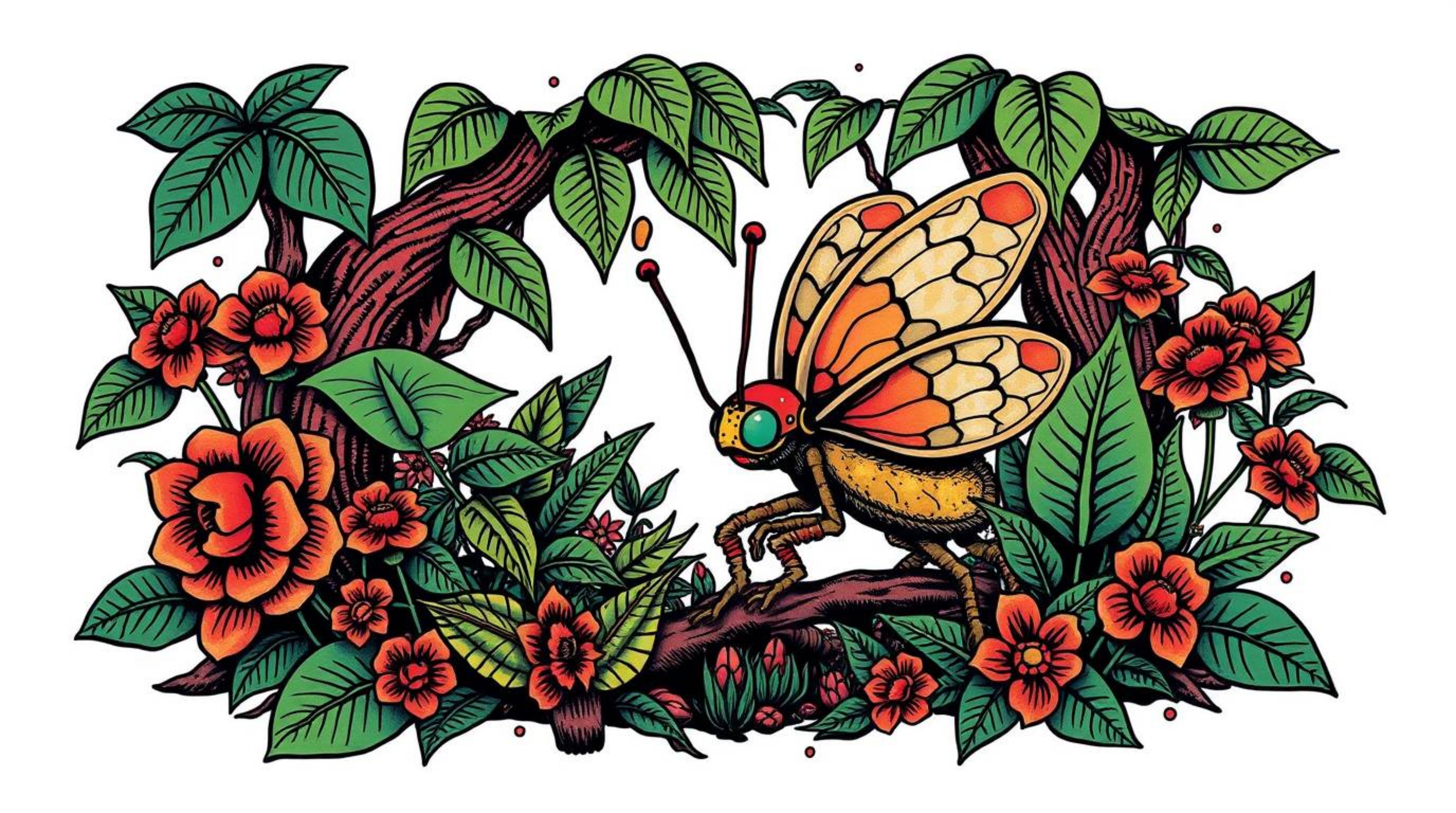 Explore a vibrant and retro-inspired world with this symbolic tattoo art print. A bug-sized hero embarks on an epic adventure