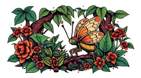 Explore a vibrant and retro-inspired world with this symbolic tattoo art print. A bug-sized hero embarks on an epic adventure