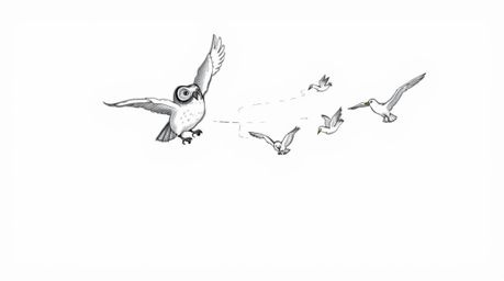 A heartwarming, Pixar-inspired sketch depicts a blind owl soaring through the air, guiding several birds as they learn to fly