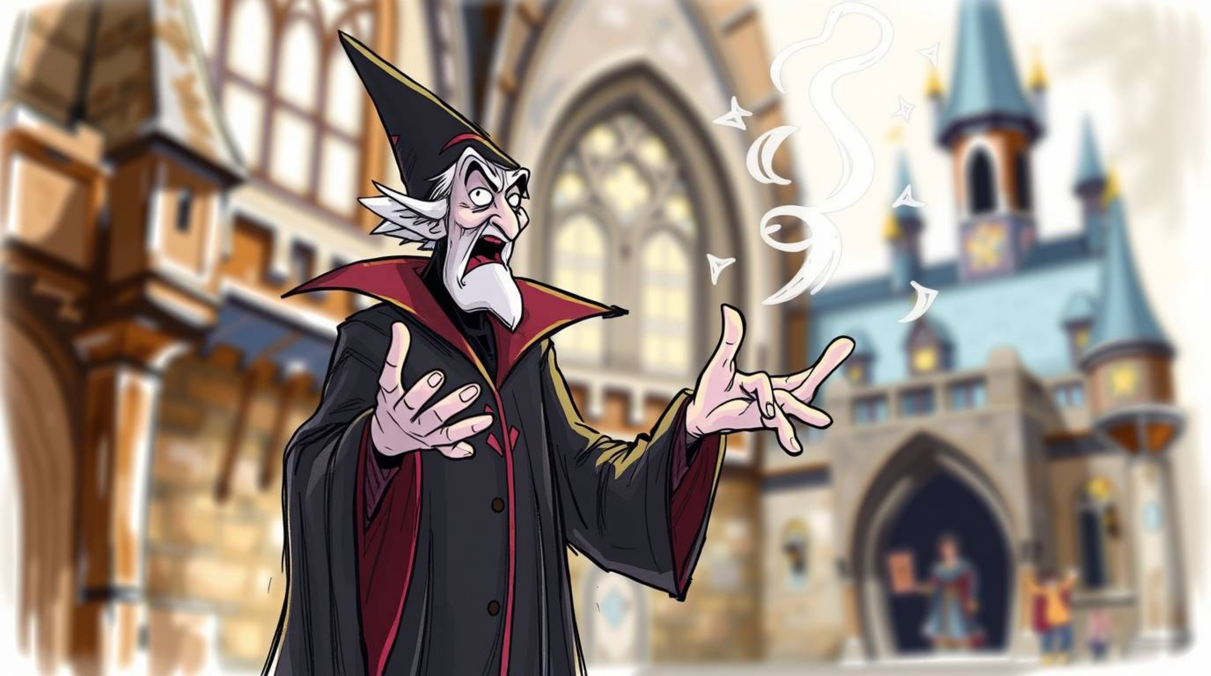 A captivating hand-drawn sketchnote depicts a classic Disney villain casting a spell within an old castle.  The illustration 