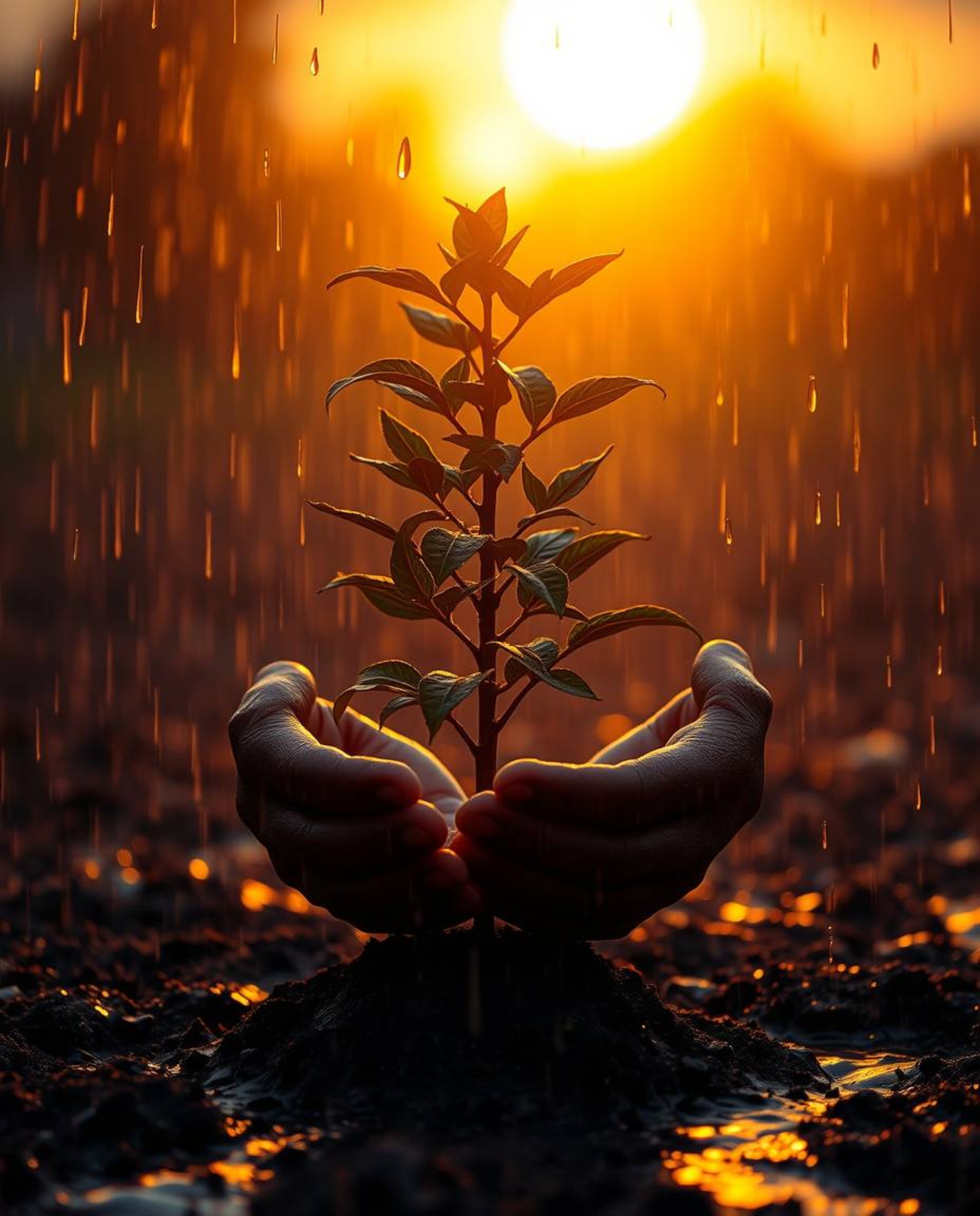A captivating scene bathed in deep ultraviolet hues, depicting hands tenderly planting a tree beneath a golden sky. The drizz
