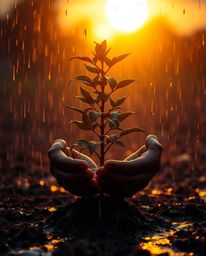 A captivating scene bathed in deep ultraviolet hues, depicting hands tenderly planting a tree beneath a golden sky. The drizz