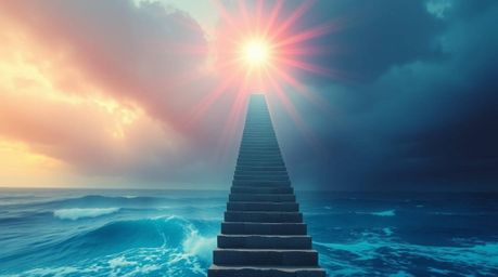 Dramatic ocean staircase ascending into a stormy sky lit by a divine sunburst, captured with bright, vibrant colors and a sof