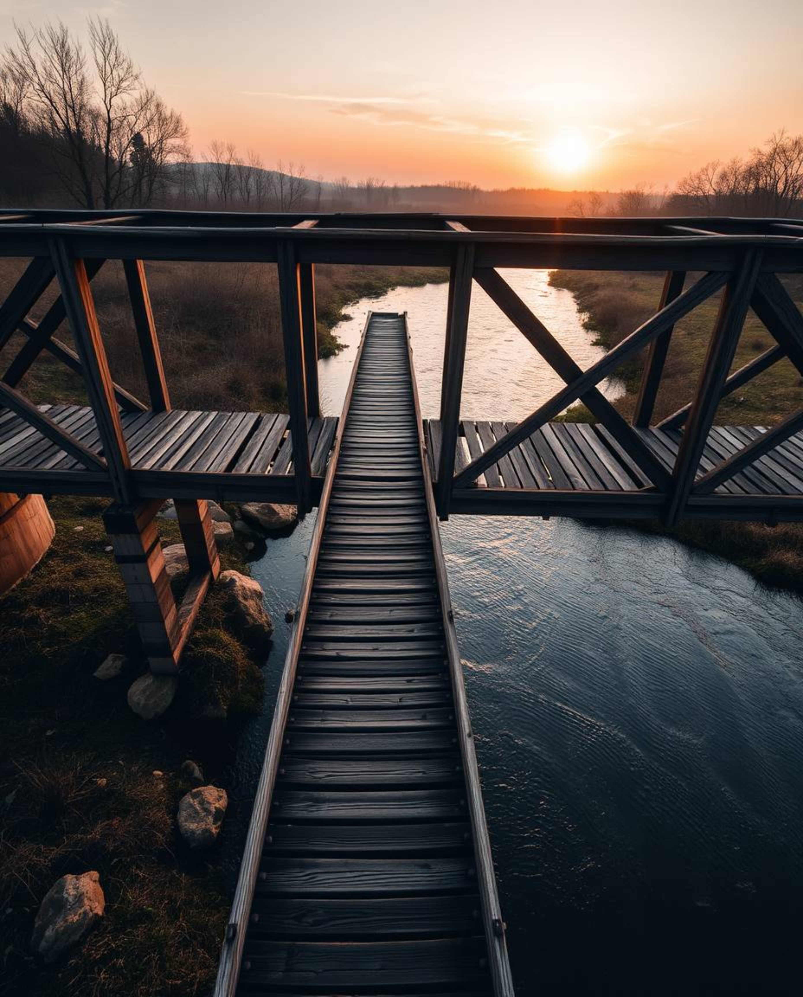 This is a high-angle photograph of an old wooden bridge over a river at sunset, captured from a high, elevated viewpoint. The