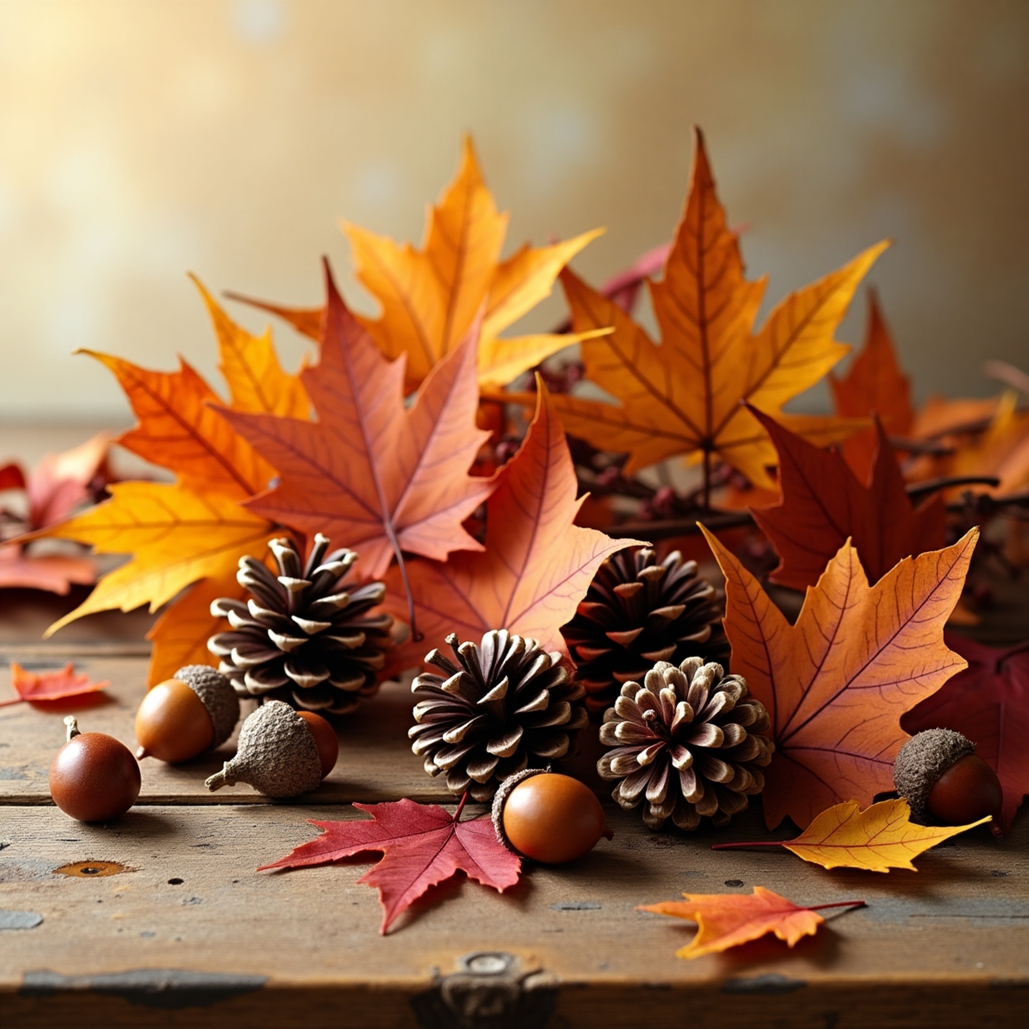 Capture the essence of autumn with this still life arrangement. A rustic wooden table with a golden-brown patina showcases a 