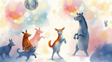 A vibrant and whimsical watercolor painting depicting an animal dance party illuminated by disco lights.  The artwork feature