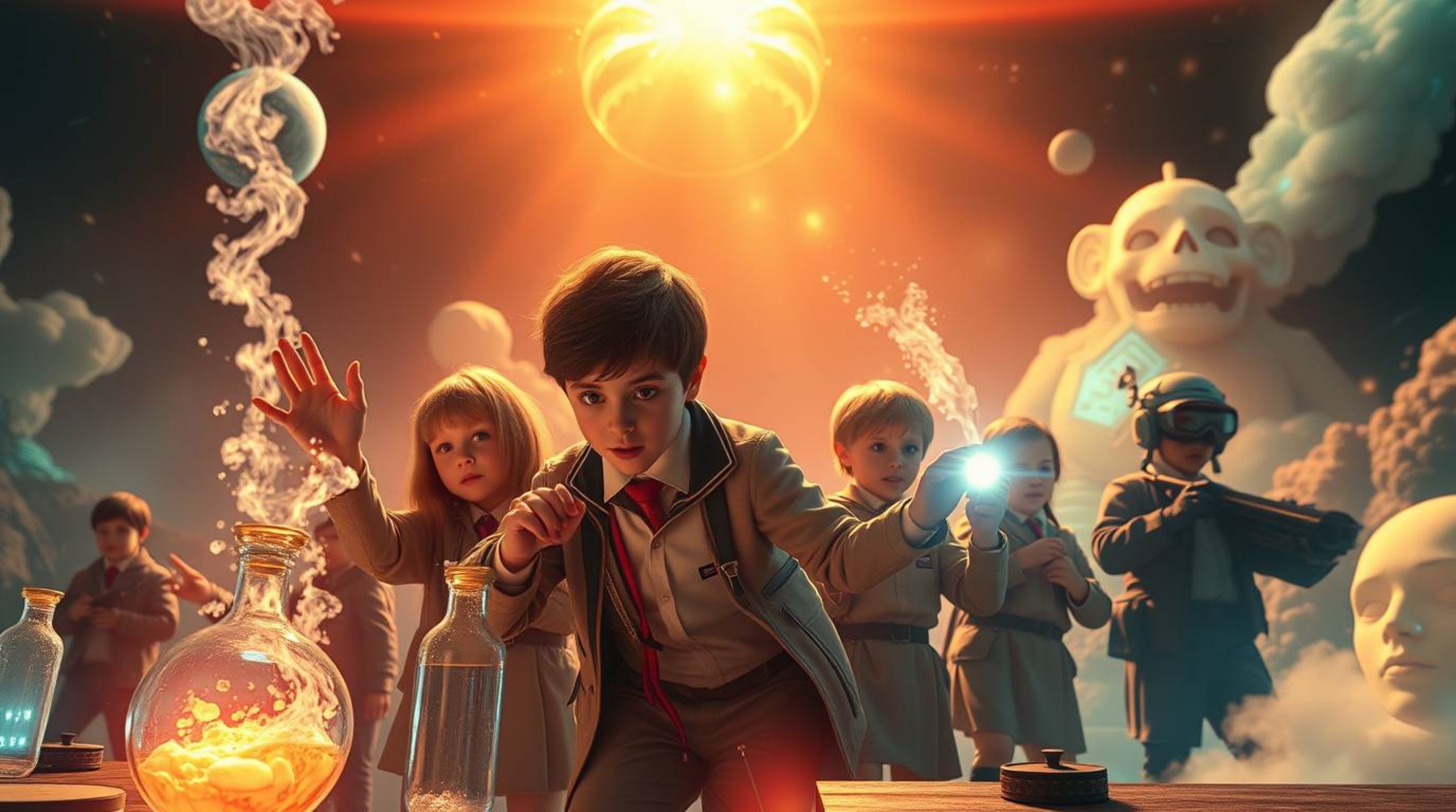 Dive into a dreamlike, surreal world where a group of quirky kids in futuristic school uniforms conduct massive, fantastical 
