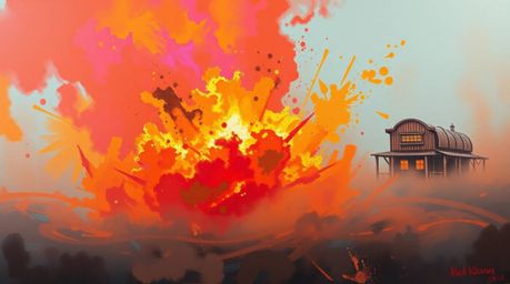 A bold acrylic painting depicts a chaotic Wild West TNT explosion shrouded in thick fog.  The artwork features vibrant colors