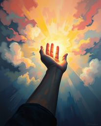 A captivating piece depicting a hand reaching towards light from darkness, rendered in a soft and dreamy atmosphere. The bold