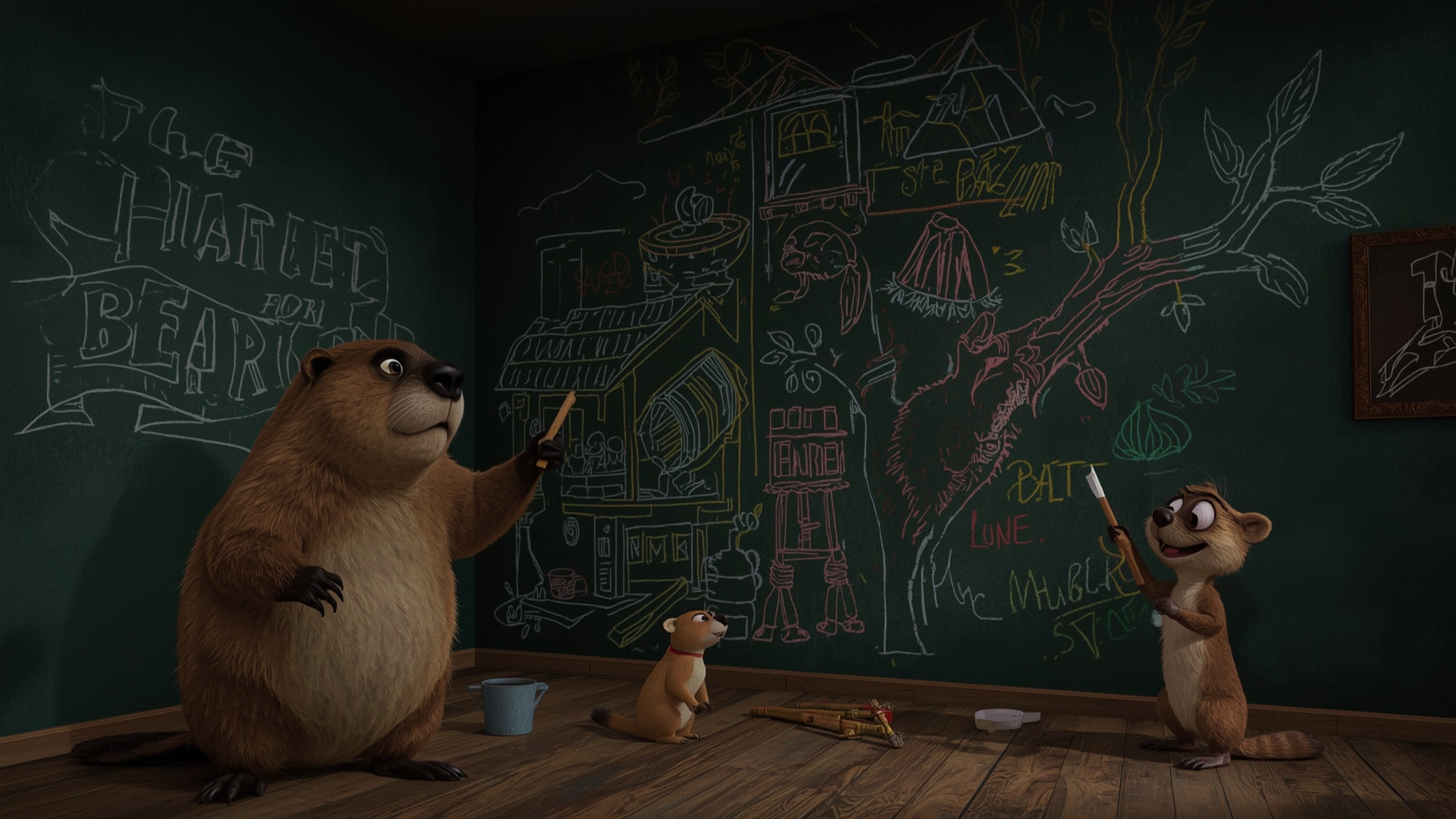 In a whimsical scene reminiscent of a Pixar animation, a dedicated beaver is lovingly constructing the perfect treehouse for