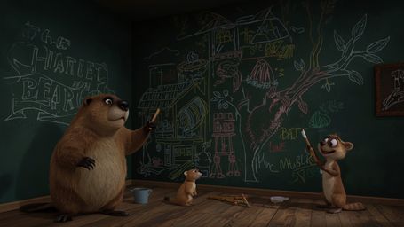 In a whimsical scene reminiscent of a Pixar animation, a dedicated beaver is lovingly constructing the perfect treehouse for