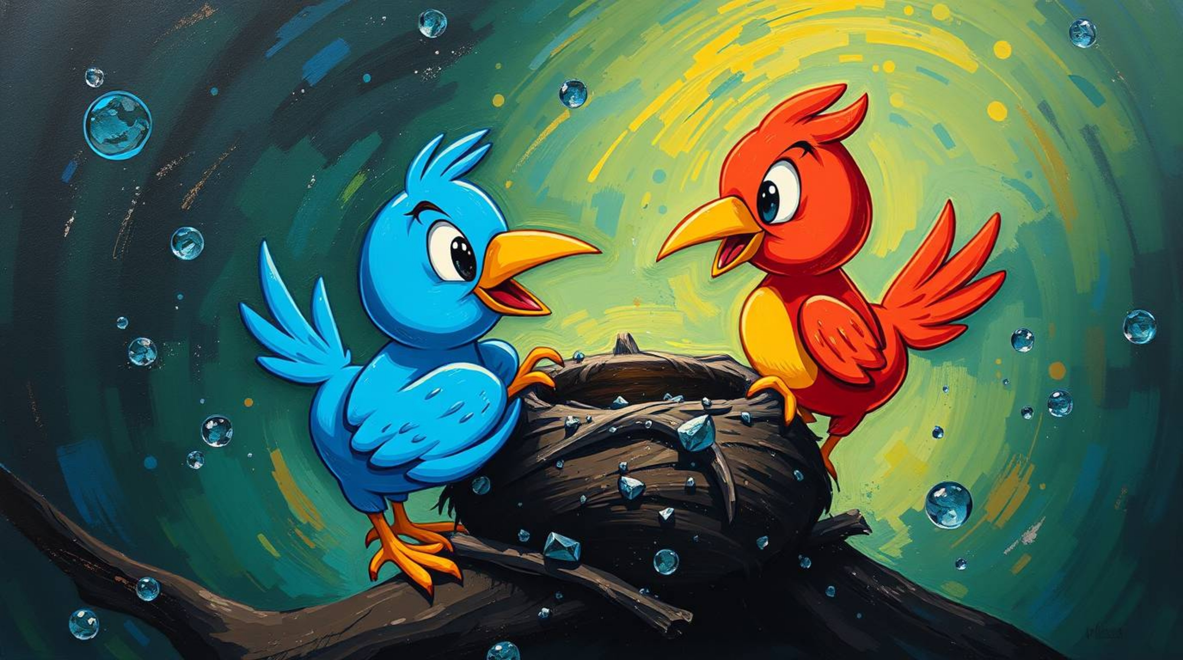 A bold acrylic painting showcases two charming cartoon birds diligently constructing their nest. Rendered in a classic anima
