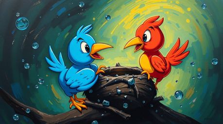 A bold acrylic painting showcases two charming cartoon birds diligently constructing their nest.  Rendered in a classic anima