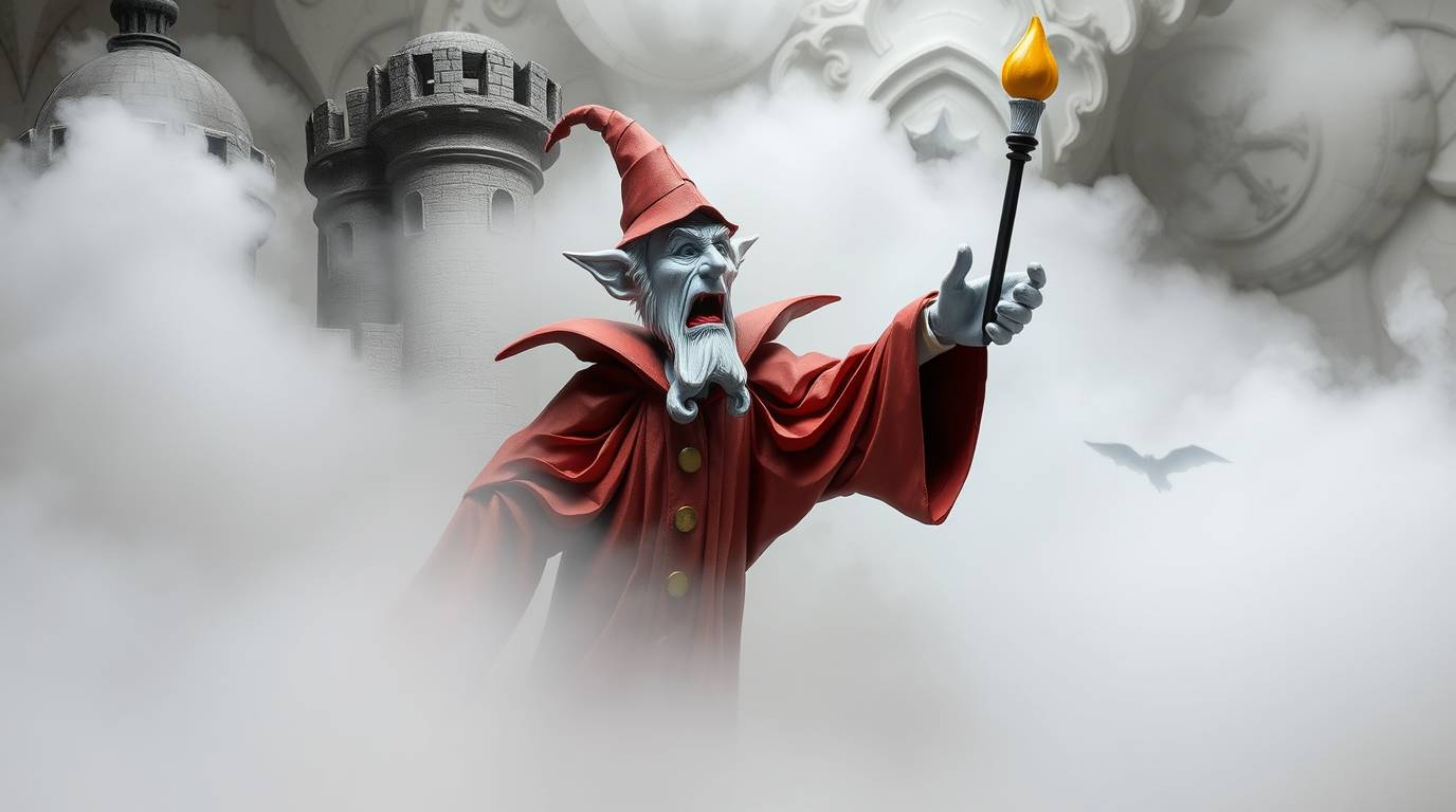 This captivating layered papier-mâché sculpture depicts a classic Disney villain casting a spell within the aged walls of an