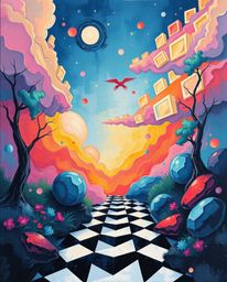 This adorable and charming bold acrylic painting features a mystic, enchanting, dreamlike environment brought to life with ge