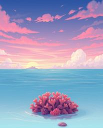 A soft pastel colored illustration captures a coral reef at low tide under a colorful sky. The gentle palette and delicate re