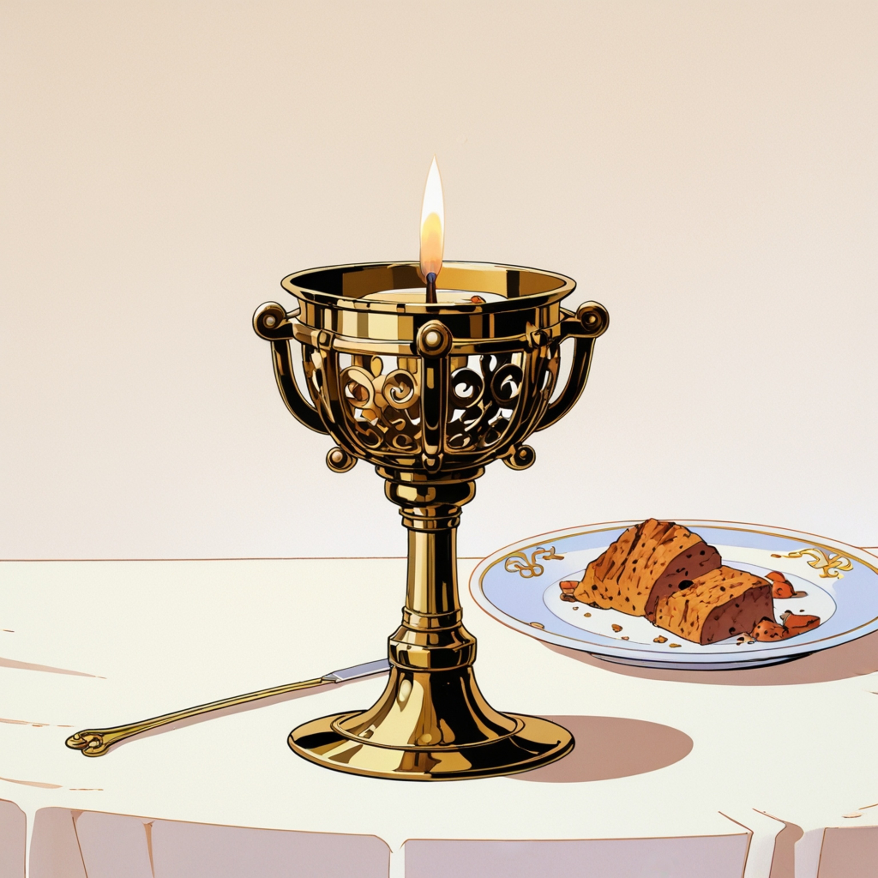 A single lit candle nestled in an ornate brass holder creates a captivating scene. The warm glow dances and casts soft, intr