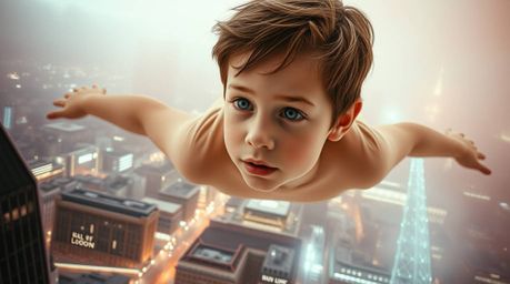 A captivating image of a young boy with delicate features soaring above the London cityscape, bathed in volumetric lighting a