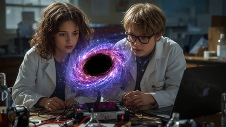 In a breathtakingly detailed, cinematic photograph with a fantastical, Pixar-inspired style, a science fair duo stands amidst