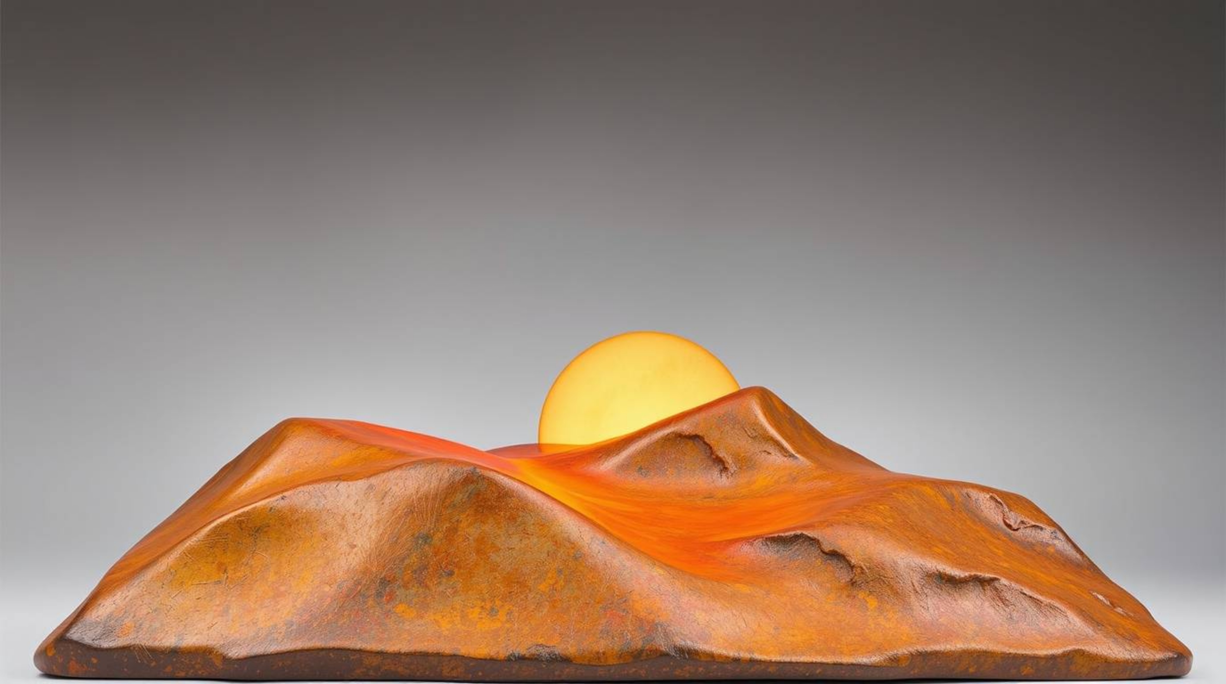 A captivating bronze sculpture depicting a vibrant sunset over golden desert dunes.  Finished with an antique patina, this li