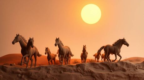 This stunning sculptural clay artwork depicts a silhouetted herd of wild horses running freely under a vibrant, glowing sky. 