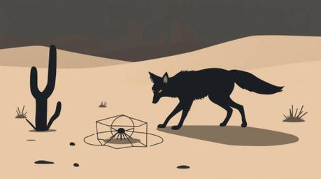 This artwork showcases a modern flat design illustration of a coyote setting a trap in the desert, rendered in jet black with