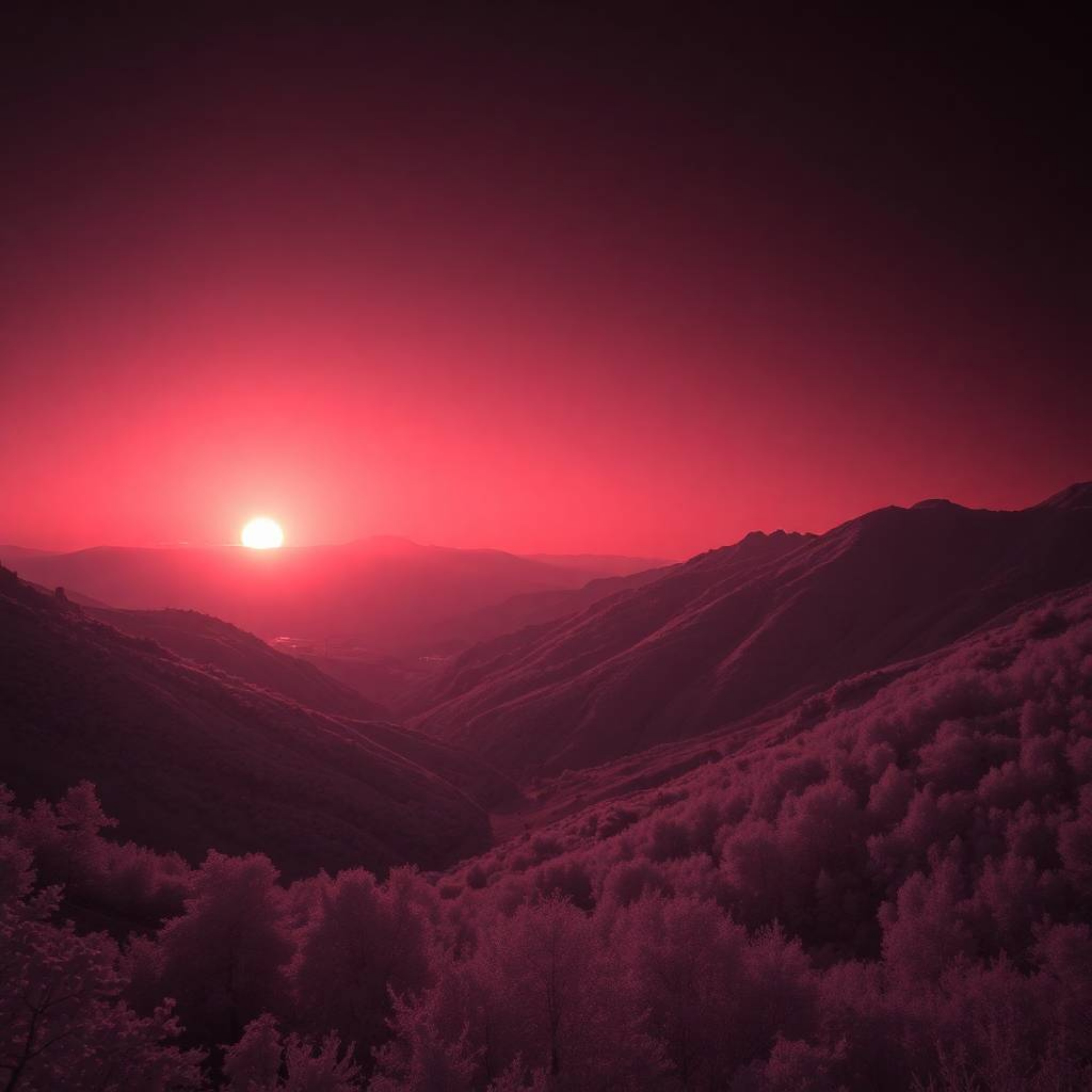 Explore stunning sunset vistas in a quiet mountain valley, rendered with high-contrast, low-key lighting and surreal infrared