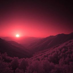 Explore stunning sunset vistas in a quiet mountain valley, rendered with high-contrast, low-key lighting and surreal infrared