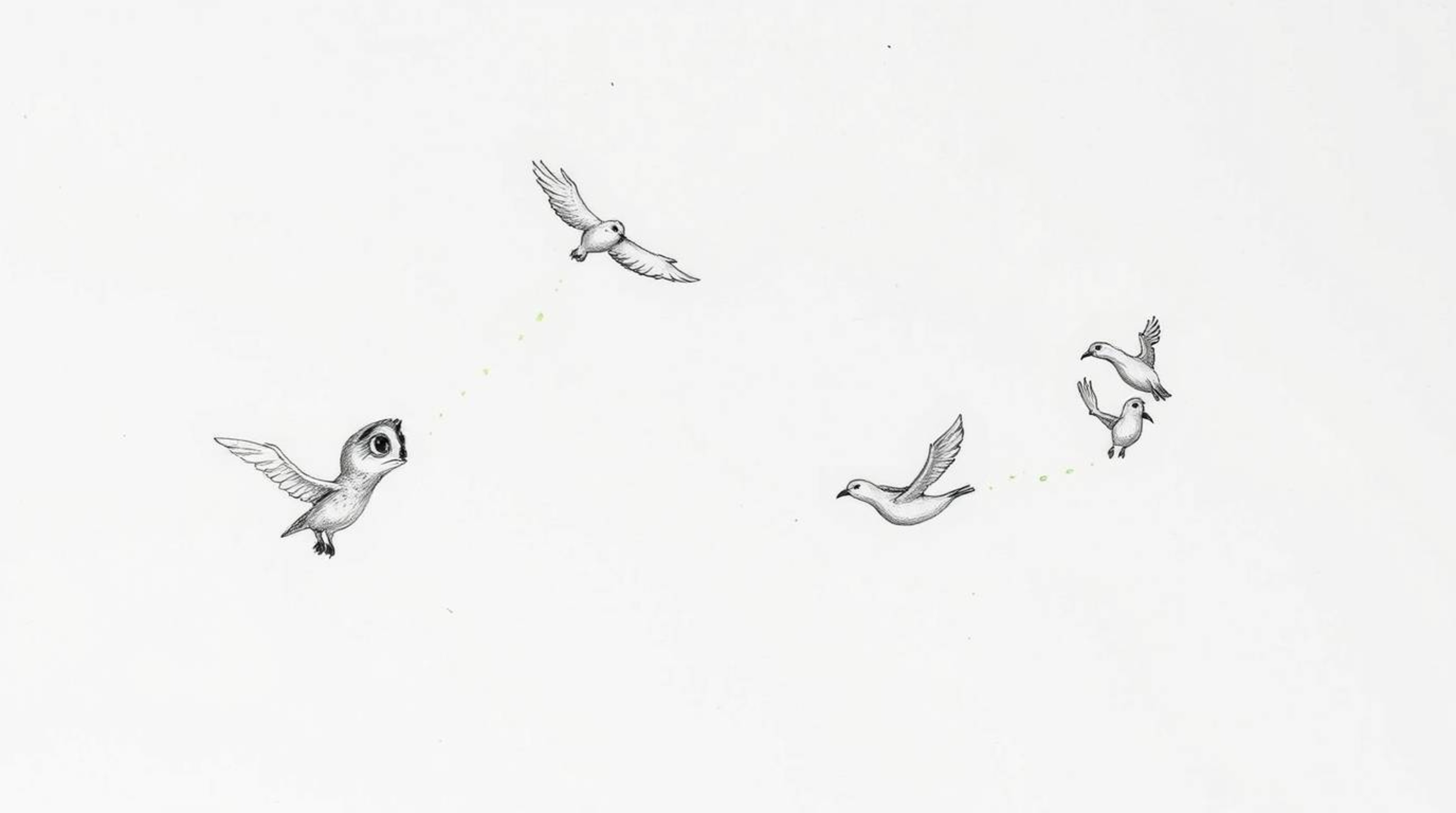 A charming hand-drawn sketch in the style of Pixar portrays a blind owl gracefully mid-flight, guiding several birds as they 